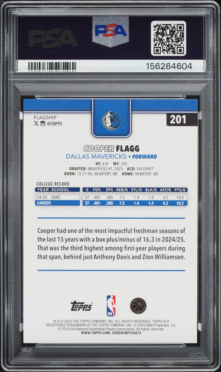 2025 Topps Basketball Cooper Flagg ROOKIE #201 PSA 10 GEM MINT