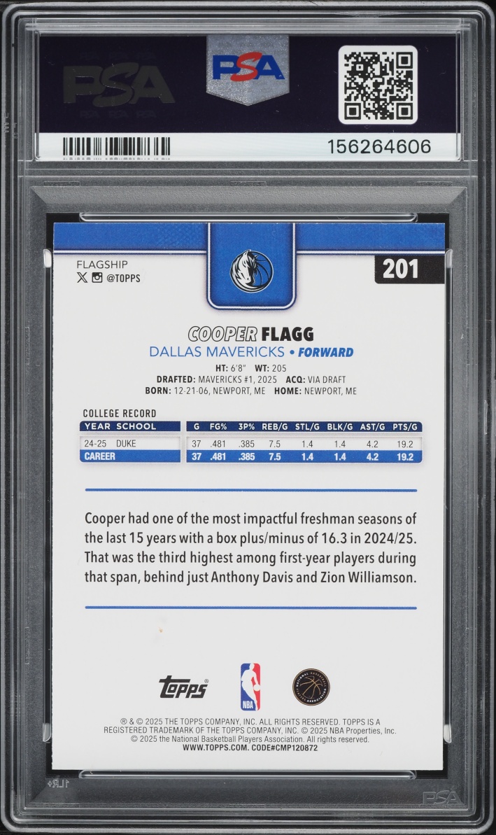 2025 Topps Basketball Cooper Flagg ROOKIE #201 PSA 10 GEM MINT