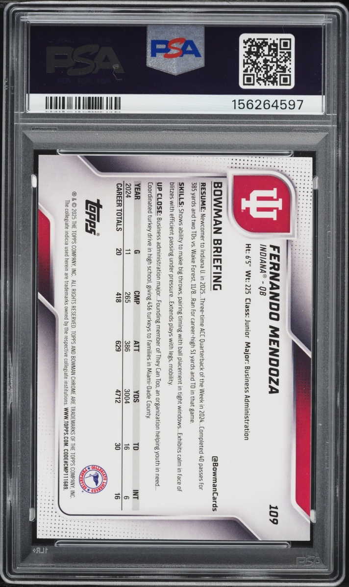 2025 Bowman Chrome University Fernando Mendoza ROOKIE #109 PSA 9 MINT