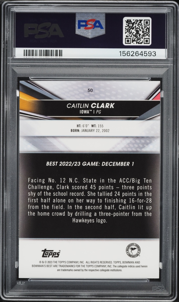 2022 Bowman University Best Caitlin Clark ROOKIE #50 PSA 10 GEM MINT
