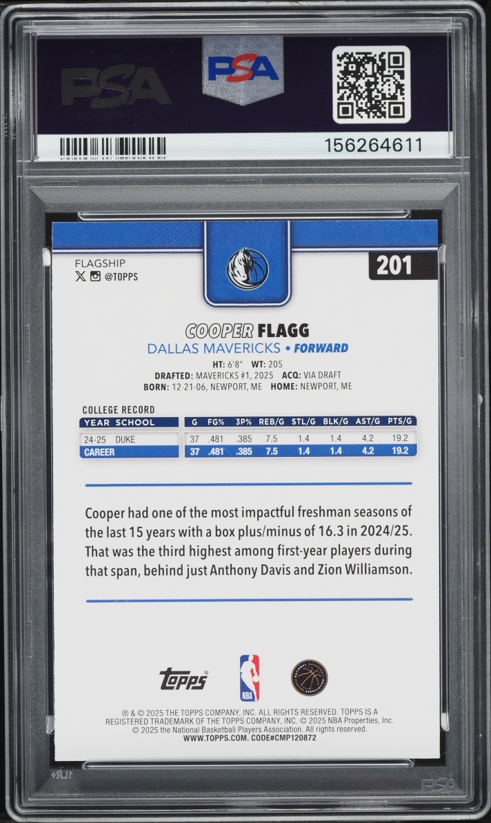 2025 Topps Basketball Cooper Flagg ROOKIE #201 PSA 10 GEM MINT