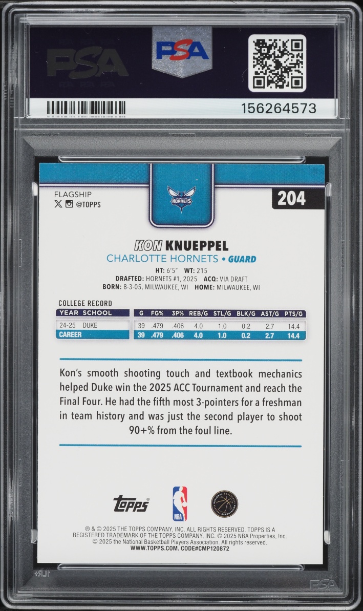 2025 Topps Basketball Kon Knueppel ROOKIE #204 PSA 10 GEM MINT