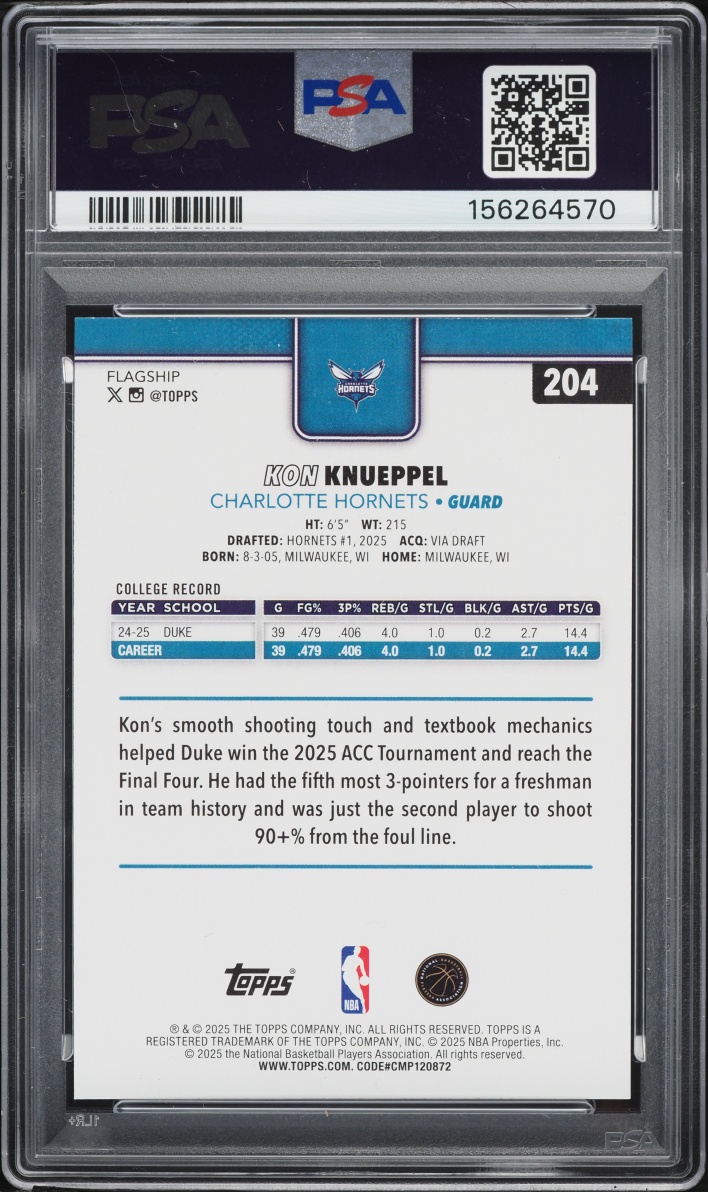 2025 Topps Basketball Kon Knueppel ROOKIE #204 PSA 10 GEM MINT