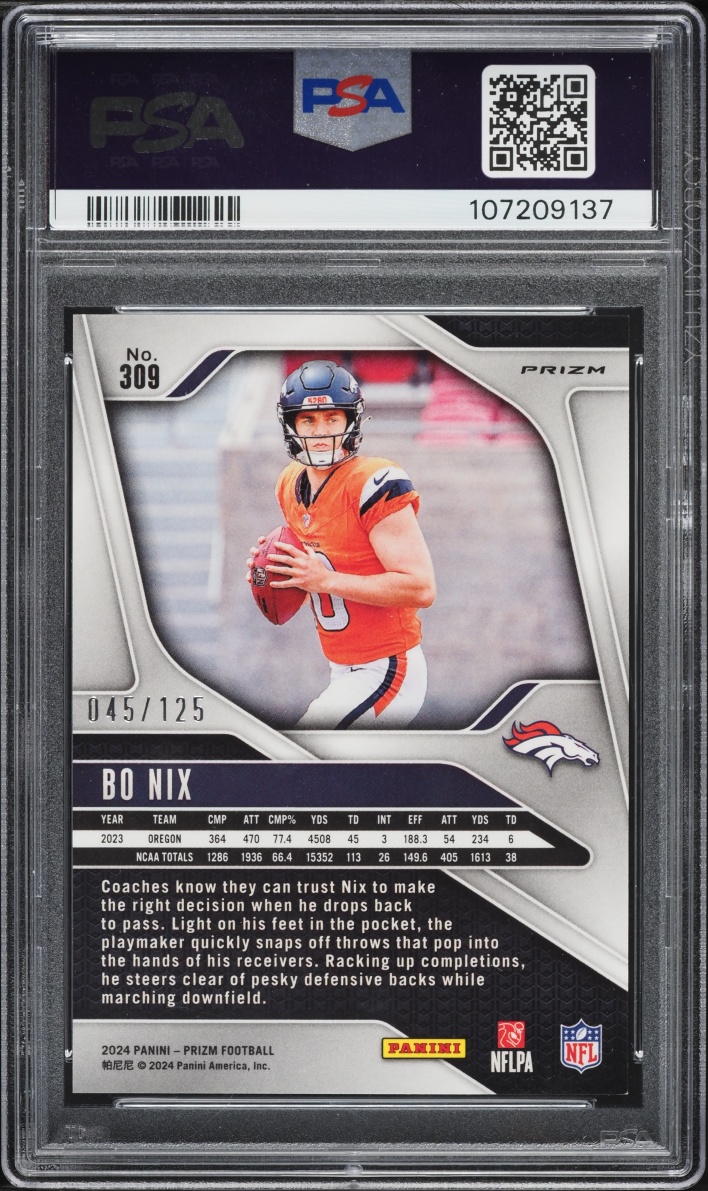 2024 Panini Prizm Purple Prizm Bo Nix /125 #309 PSA 9 MINT