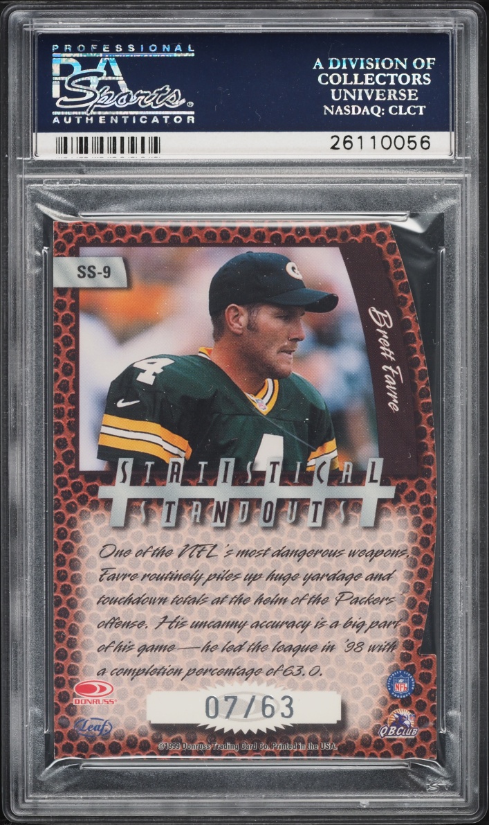 1999 Leaf R & S Statistical Standouts Die-Cut Brett Favre /63 #SS-9 PSA 9 MINT