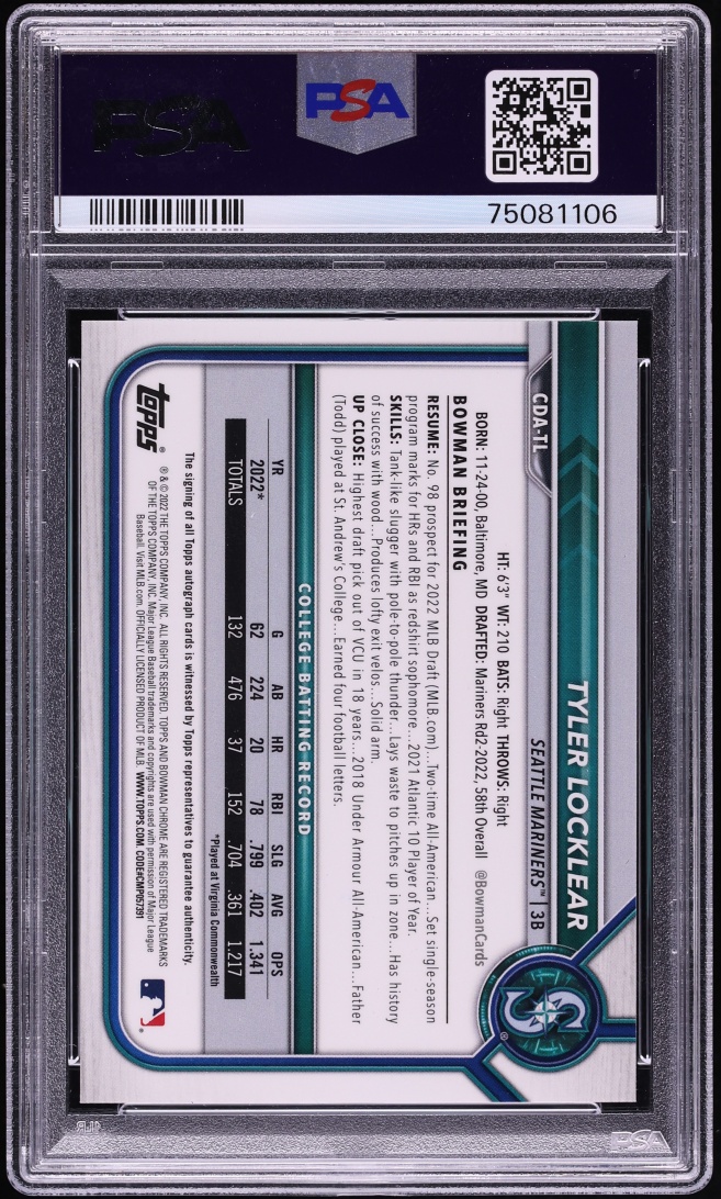 2022 Bowman Chrome Draft Blue Refractor Tyler Locklear ROOKIE AUTO /150 PSA 10 GEM MINT