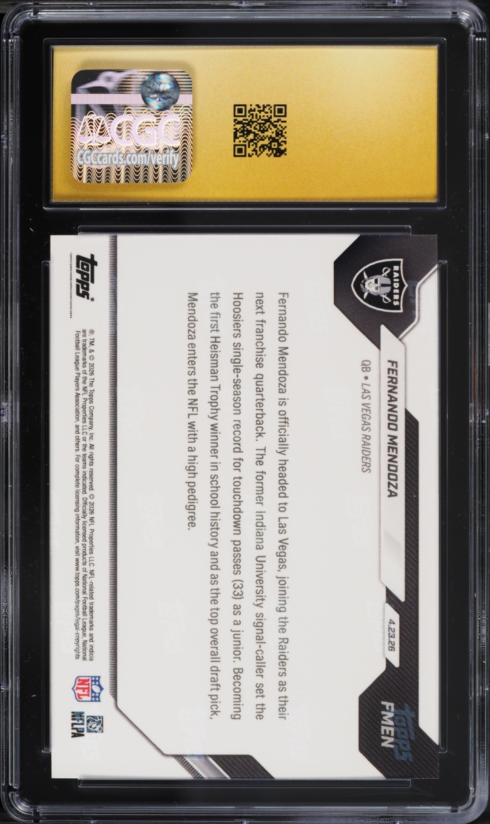 2026 Topps Now Fernando Mendoza ROOKIE #FMEN CGC 10 PRISTINE