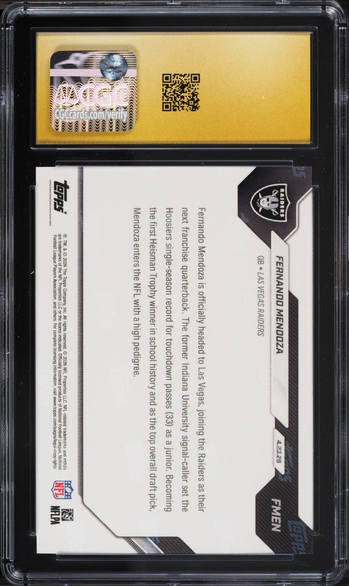 2026 Topps Now Fernando Mendoza ROOKIE #FMEN CGC 10 PRISTINE