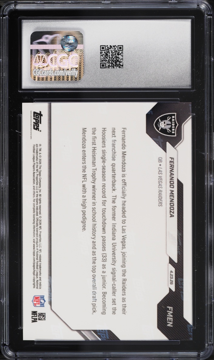 2026 Topps Now Fernando Mendoza ROOKIE #FMEN CGC 10 GEM MINT