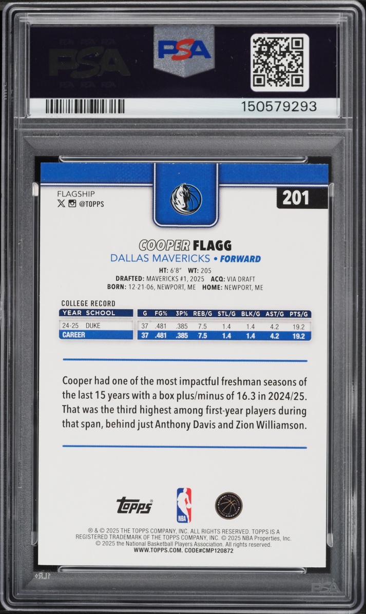 2025 Topps Basketball Cooper Flagg ROOKIE #201 PSA 10 GEM MINT