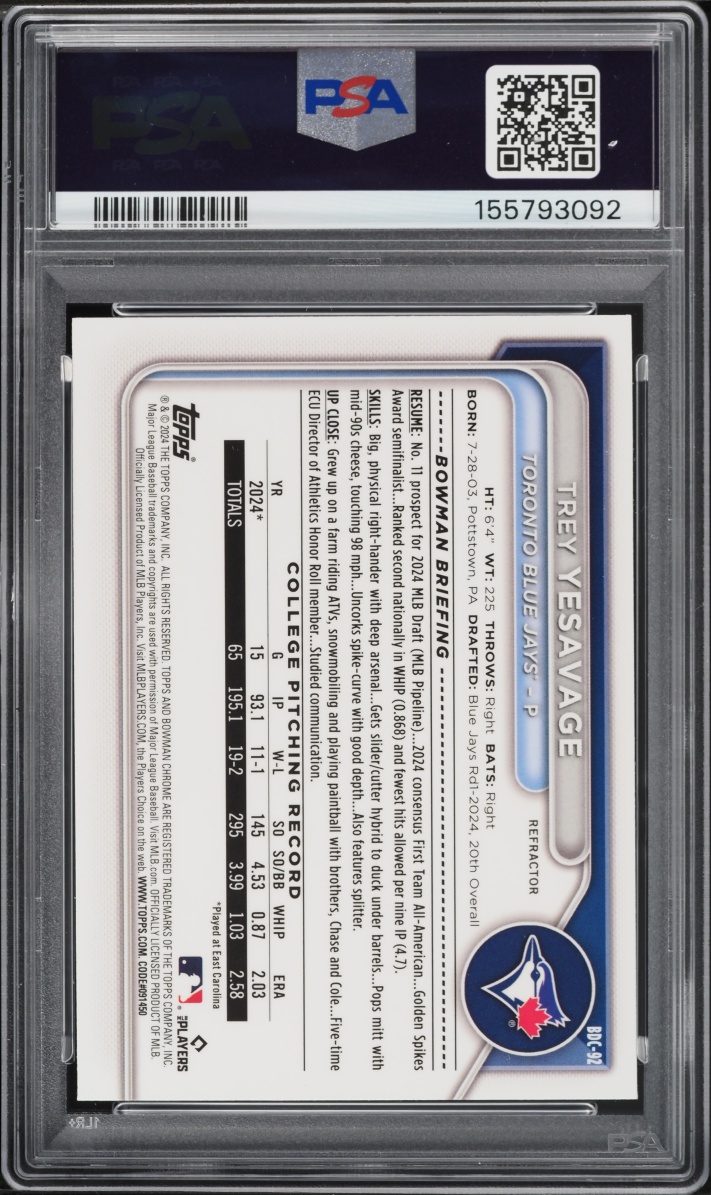 2024 Bowman Chrome Draft Refractor Trey Yesavage PROSPECT #BDC-92 PSA 9 MINT