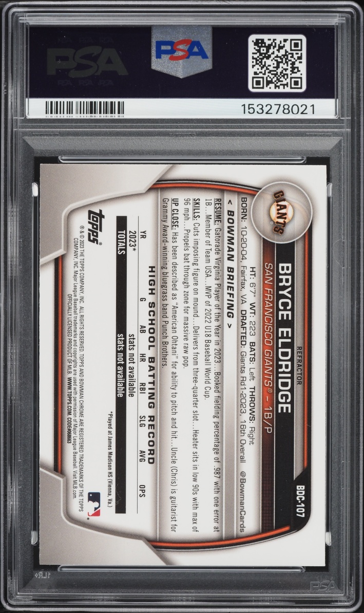 2023 Bowman Chrome Draft Refractor Bryce Eldridge PROSPECT #BDC-107 PSA 10 GEM MINT