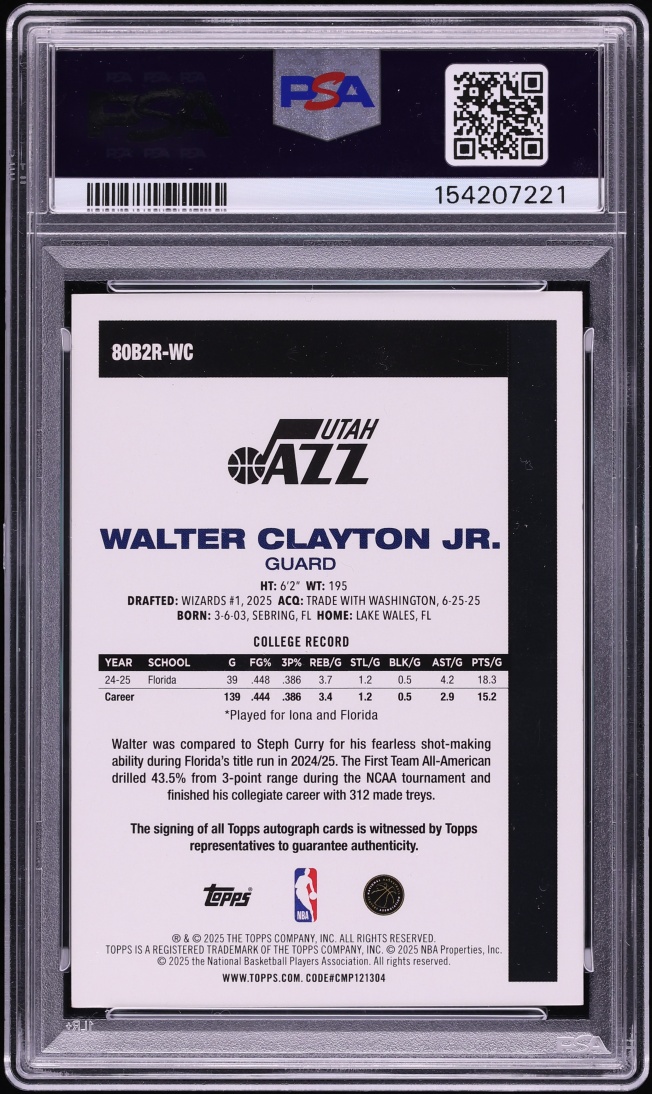 2025 Topps '81 Basketball Black Rainbow Walter Clayton Jr. RC AUTO DNA 10 /10 #80B2R-WC PSA 8