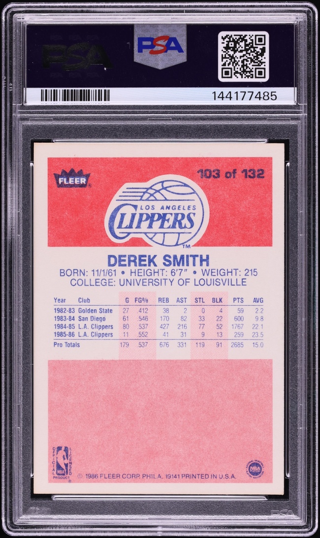1986 Fleer Basketball Derek Smith #103 PSA 7 NRMT