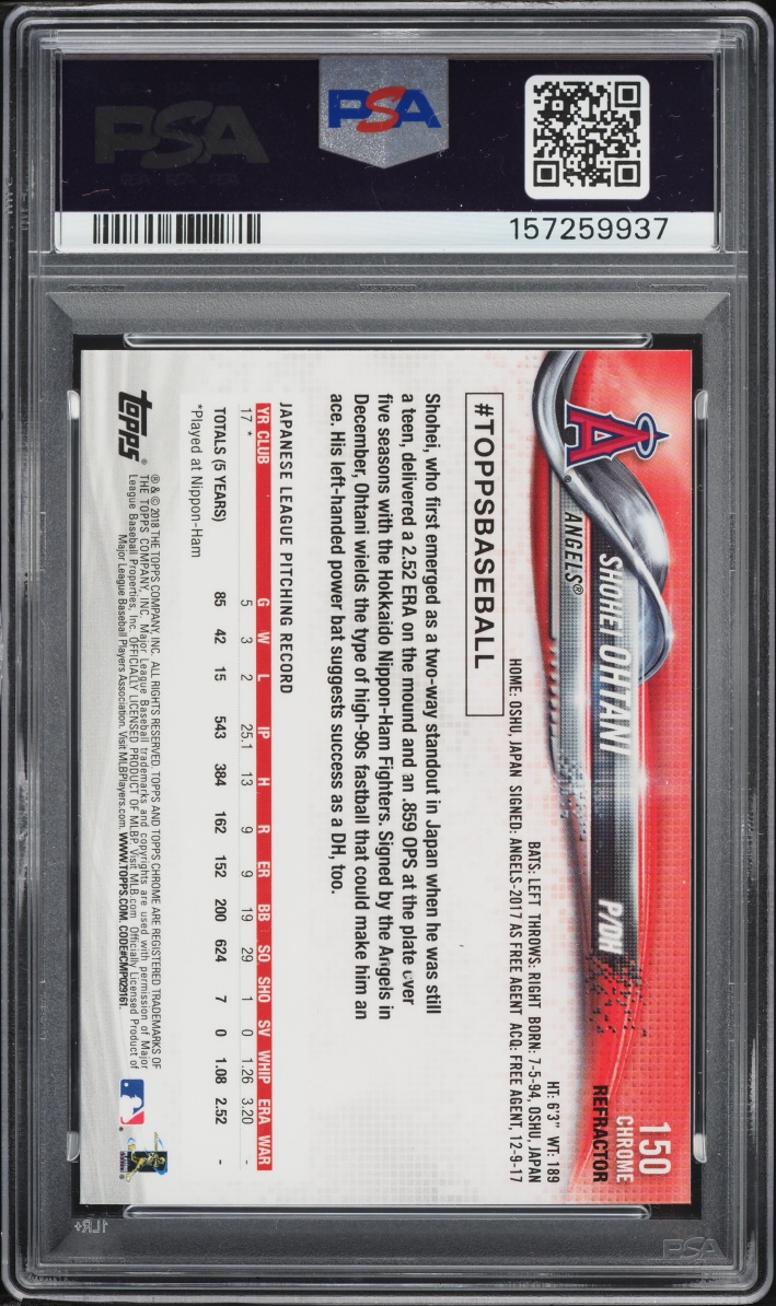 2018 Topps Chrome Refractor Pitching Shohei Ohtani ROOKIE #150 PSA 10 GEM MINT