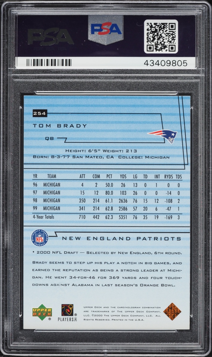 2000 Upper Deck Football Tom Brady ROOKIE #254 PSA 8 NM-MT