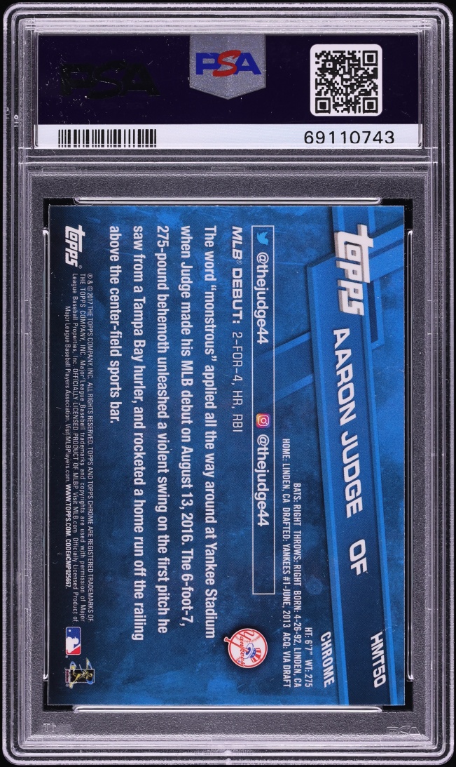 2017 Topps Chrome Update Aaron Judge ROOKIE #HMT50 PSA 10 GEM MINT
