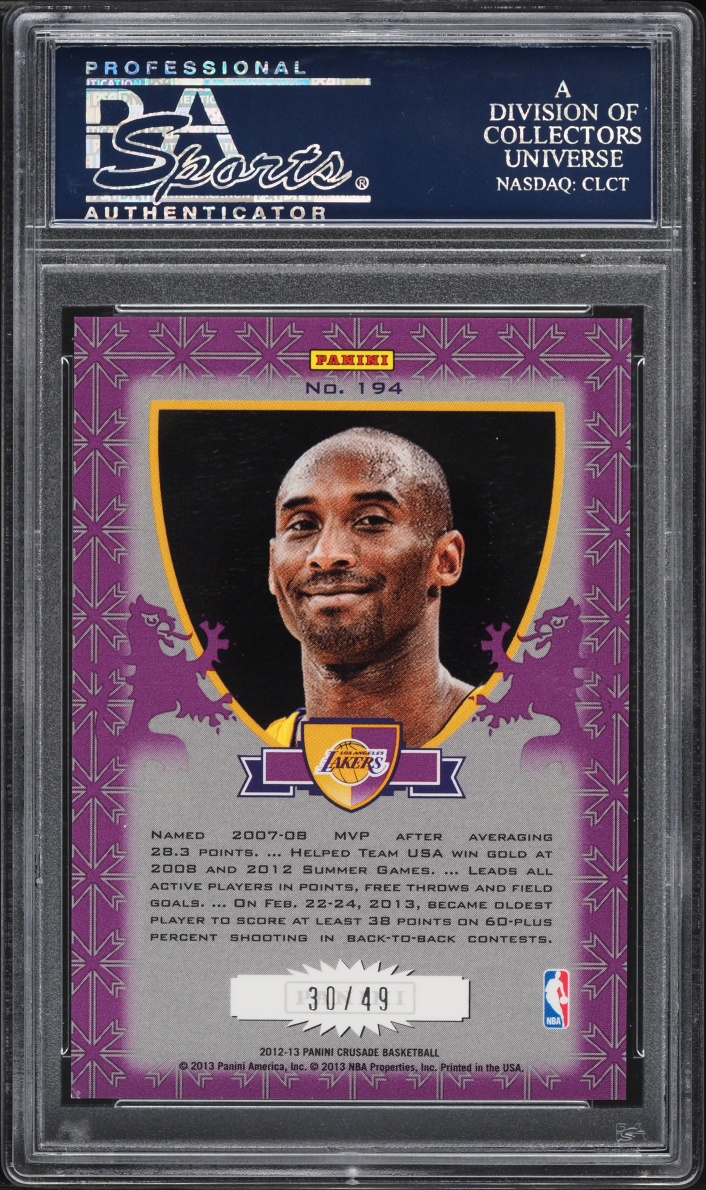 2012 Panini Crusade Purple & Gold Prizm Kobe Bryant /49 #194 PSA 10 GEM MINT