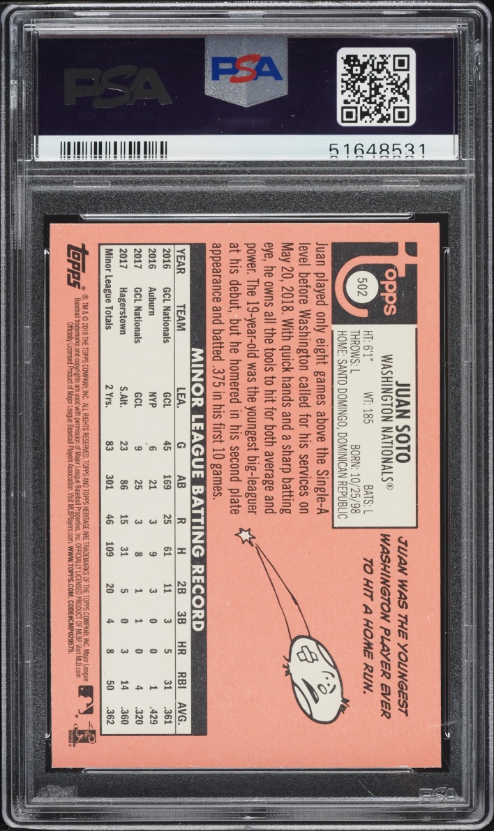 2018 Topps Heritage Juan Soto ROOKIE #502 PSA 10 GEM MINT