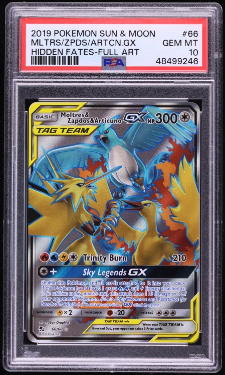 2019 Pokemon Sun & Moon Hidden Fates Full Art Moltres Zapdos Articuno GX #66 PSA 10 GEM MINT