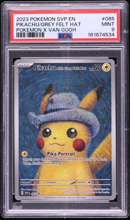2023 Pokemon Scarlet & Violet Promo Van Gogh Full Art Pikachu Grey Felt Hat #85 PSA 9 MINT