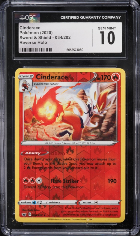 2020 Pokemon Sword & Shield Reverse Holo Cinderace #34 CGC 10 GEM MINT