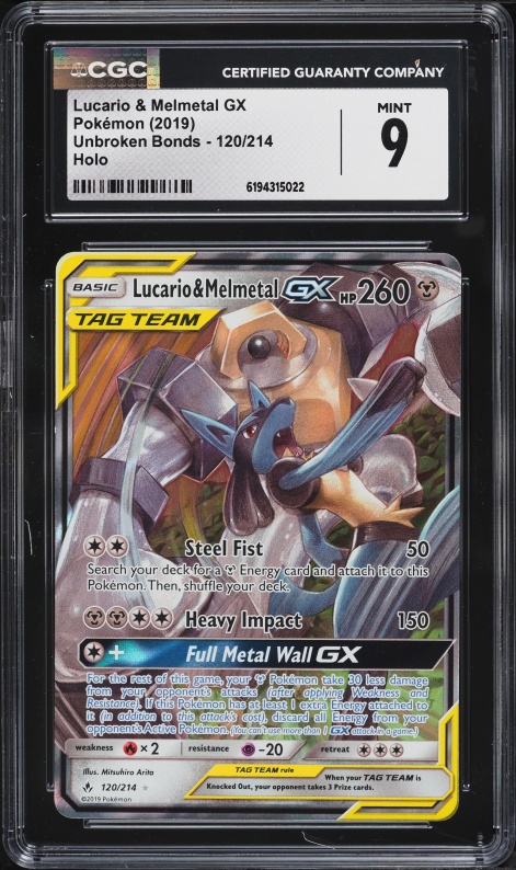 2019 Pokemon Sun & Moon Unbroken Bonds Holo Lucario & Melmetal GX #120 CGC 9 MINT