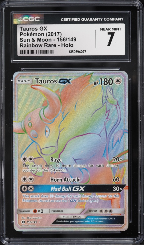 2017 Pokemon Sun & Moon Rainbow Rare Tauros GX #156 CGC 7 NRMT