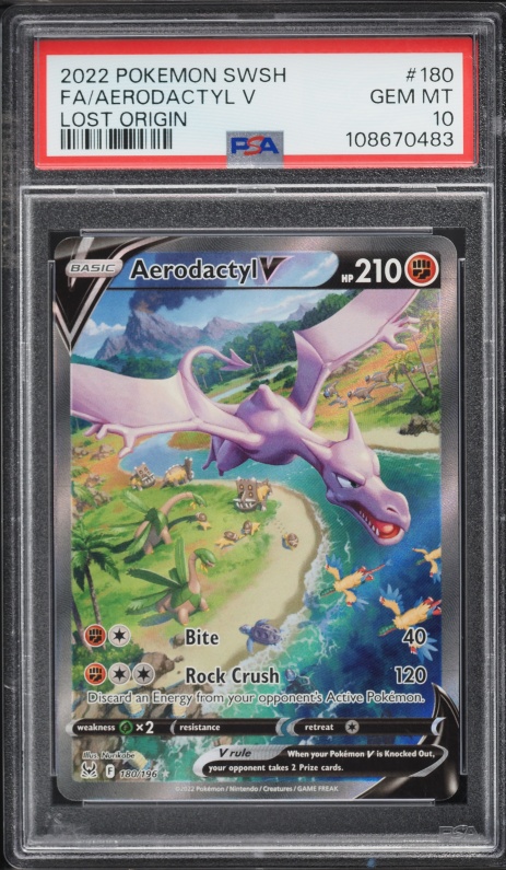 2022 Pokemon Sword & Shield Lost Origin Full Art Aerodactyl V #180 PSA 10 GEM MINT