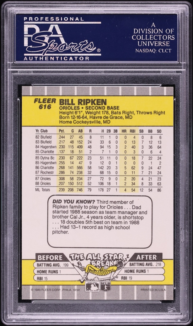 1989 Fleer Bill Ripken ROOKIE FF ERROR #616 PSA 10 GEM MINT