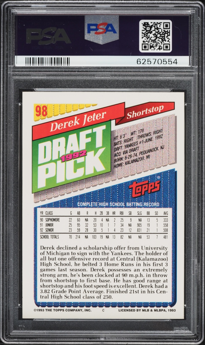 1993 Topps Gold Derek Jeter ROOKIE #98 PSA 9 MINT