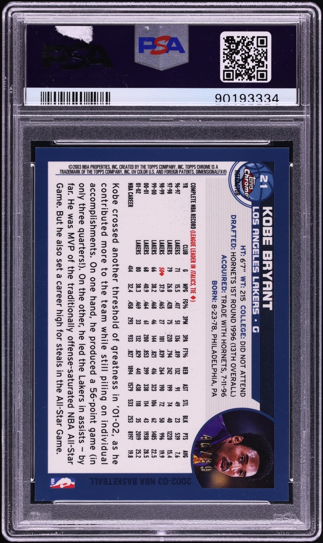 2002 Topps Chrome Black Refractor Kobe Bryant /99 #21 PSA 9 MINT