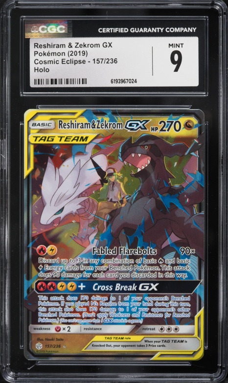 2019 Pokemon Sun & Moon Cosmic Eclipse Holo Reshiram & Zekrom GX #157 CGC 9 MINT