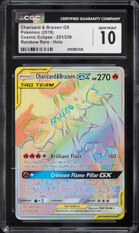 2019 Pokemon Sun & Moon Cosmic Eclipse Rainbow Rare Charizard & Braixen GX #251 CGC 10 GEM MINT