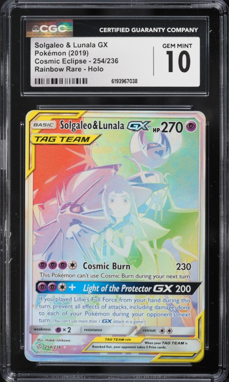 2019 Pokemon Sun & Moon Cosmic Eclipse Rainbow Rare Solgaleo & Lunala GX #254 CGC 10 GEM MINT