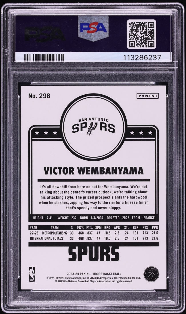 2023 Hoops Victor Wembanyama ROOKIE #298 PSA 10 GEM MINT
