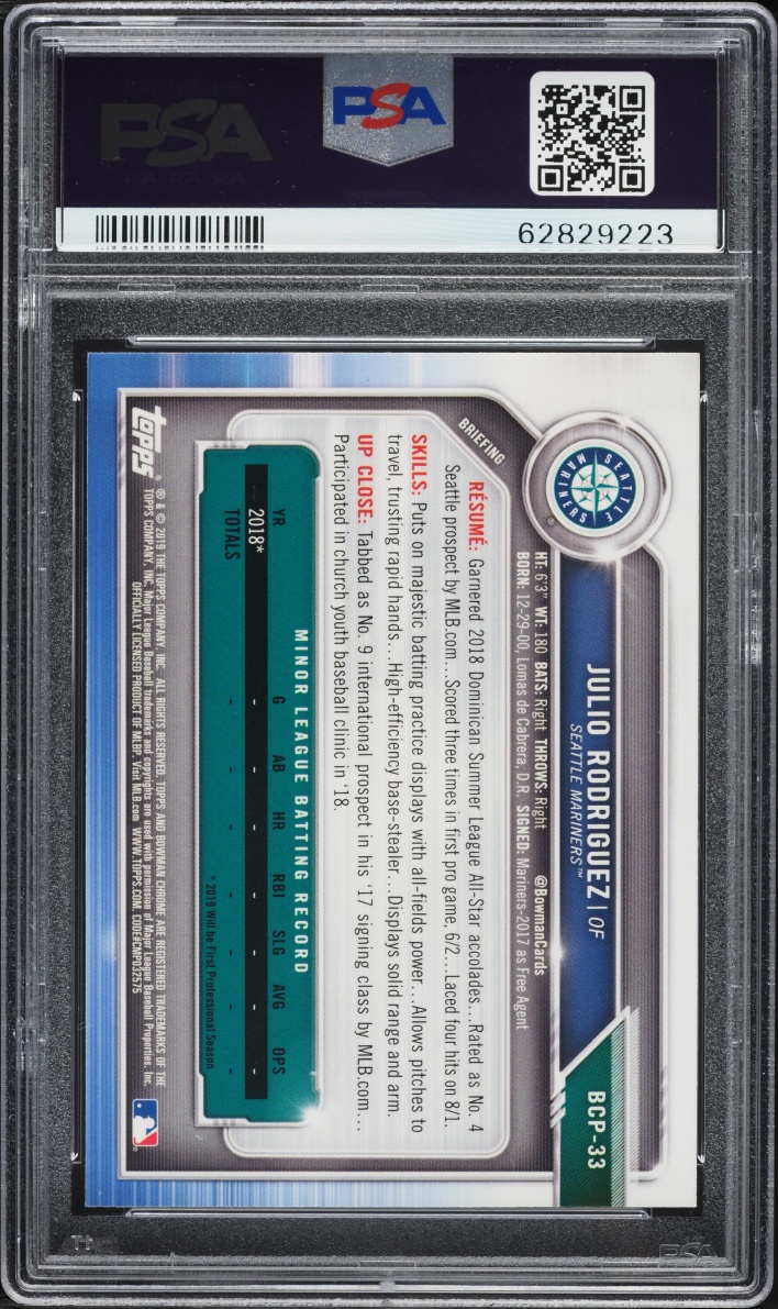 2019 Bowman Chrome Julio Rodriguez PROSPECT #BCP-33 PSA 10 GEM MINT