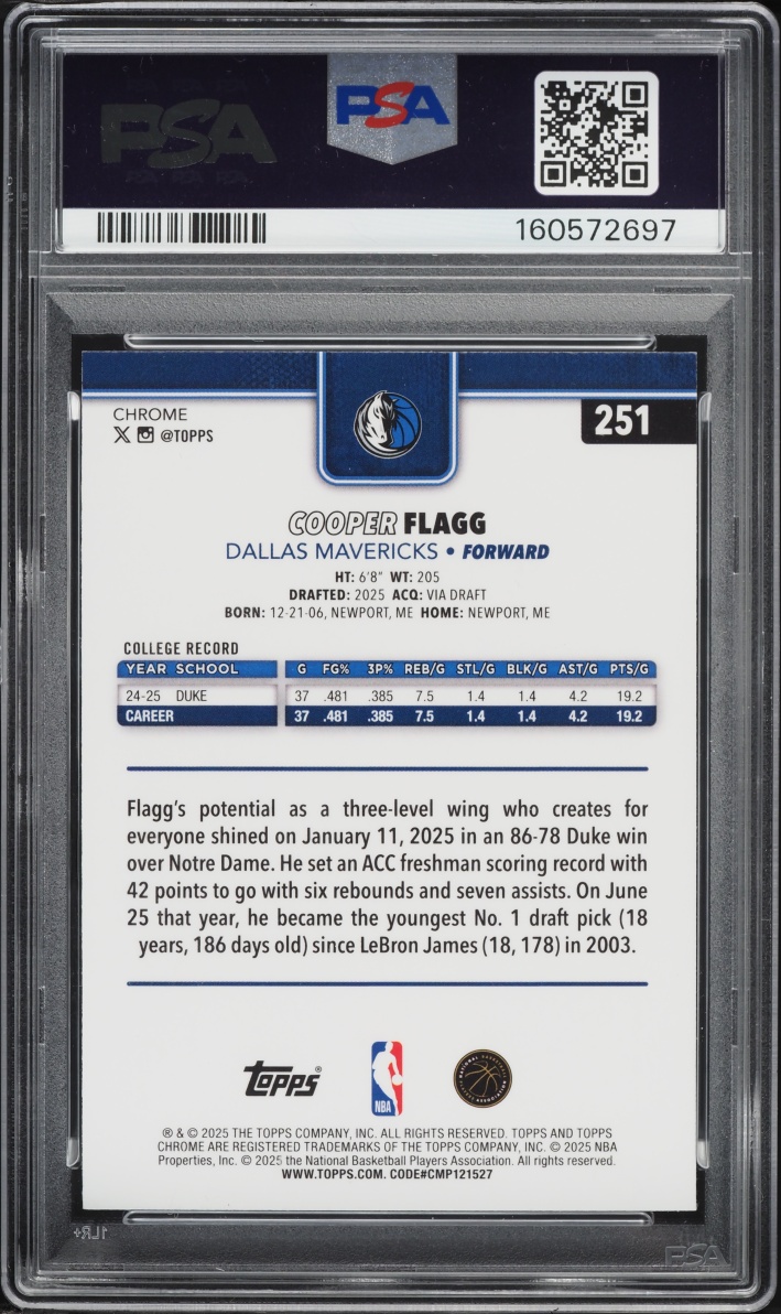 2025 Topps Chrome Cooper Flagg ROOKIE #251 PSA 9 MINT