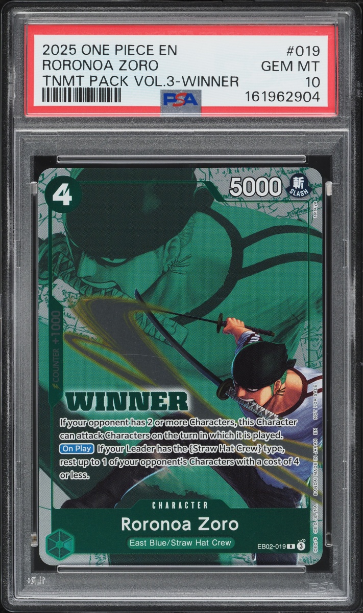 2025 One Piece Tournament Pack Vol.3 Winner Roronoa Zoro #EB02-019 PSA 10 GEM MINT