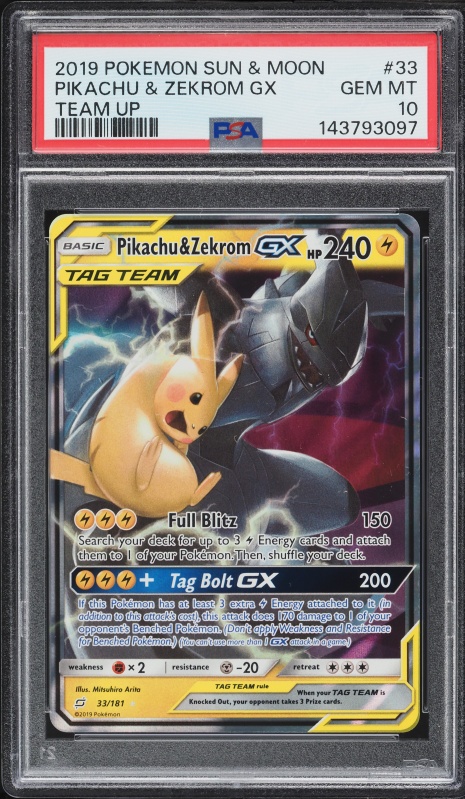 2019 Pokemon Sun & Moon Team Up Holo Pikachu & Zekrom GX #33 PSA 10 GEM MINT