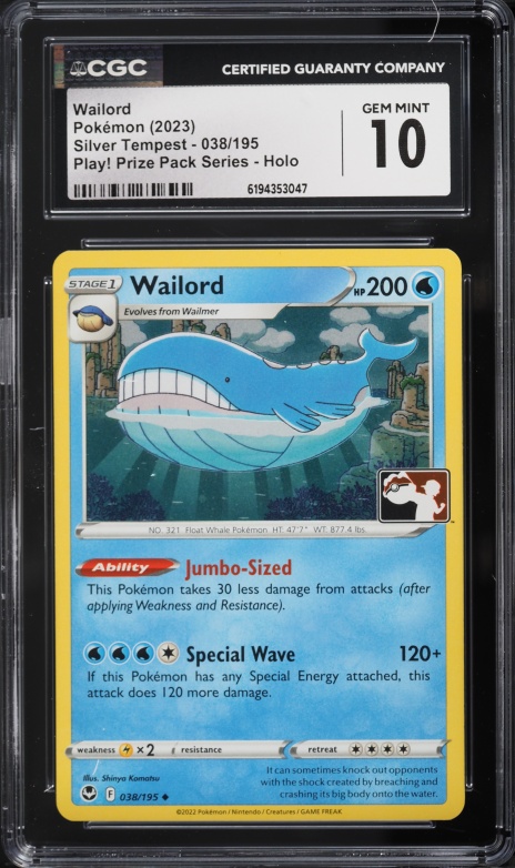 2023 Pokemon Sword & Shield Silver Tempest Play Prize Pack Series Holo Wailord #038 CGC 10 GEM