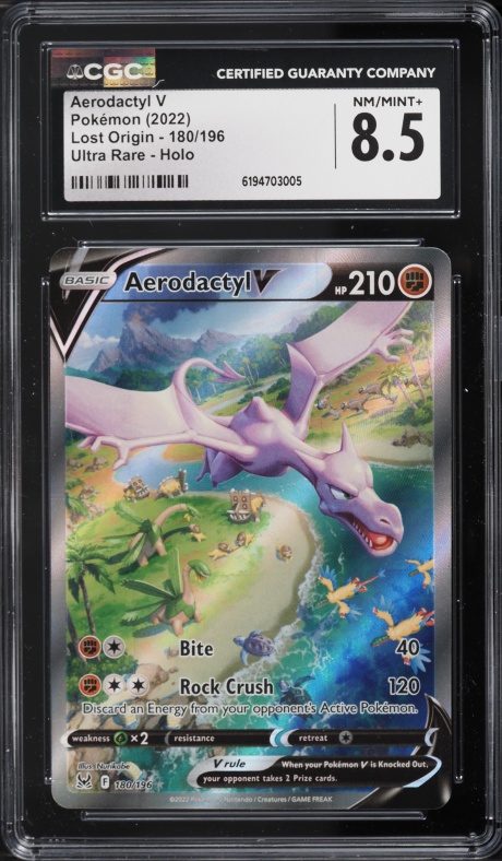2022 Pokemon Sword & Shield Lost Origin Full Art Aerodactyl V #180 CGC 8.5 NM-MT+