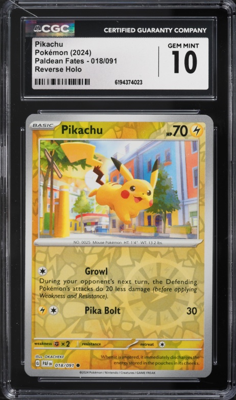 2024 Pokemon Scarlet & Violet Paldean Fates Reverse Holo Pikachu #18 CGC 10 GEM MINT