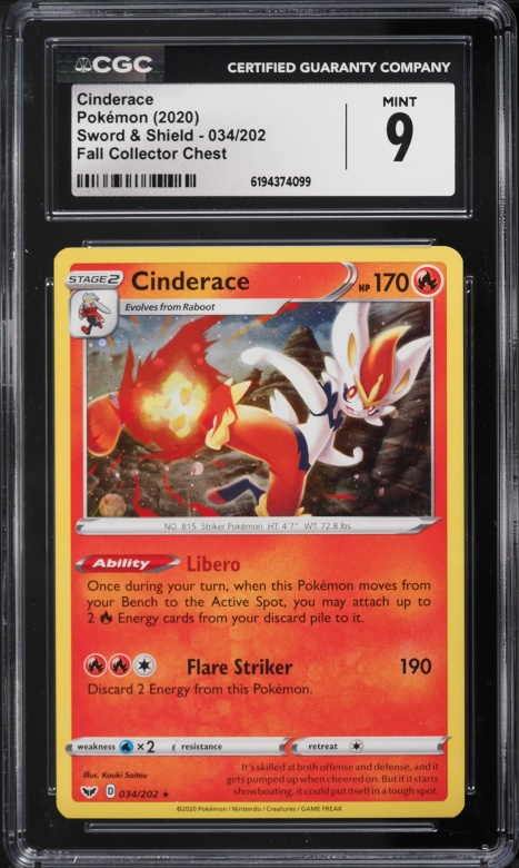 2020 Pokemon Sword & Shield Fall Collector Chest Holo Cinderace #34 CGC 9 MINT