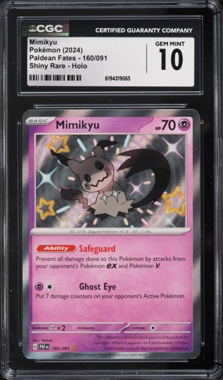 2024 Pokemon Scarlet & Violet Paldean Fates Shiny Rare Mimikyu #160 CGC 10 GEM MINT