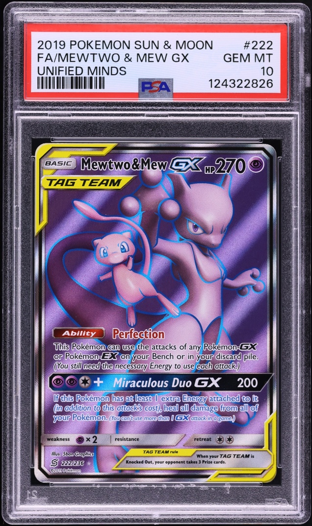 2019 Pokemon Sun & Moon Unified Minds Full Art Mewtwo & Mew GX #222 PSA 10 GEM MINT