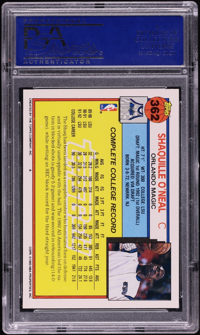 1992 Topps Gold Shaquille O'Neal ROOKIE #362 PSA 9 MINT