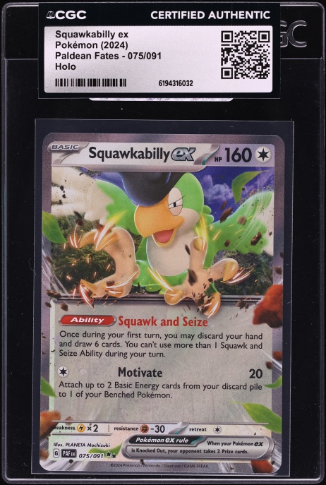 2024 Pokemon Scarlet & Violet Paldean Fates Holo Squawkabilly EX #75 CGC AUTH
