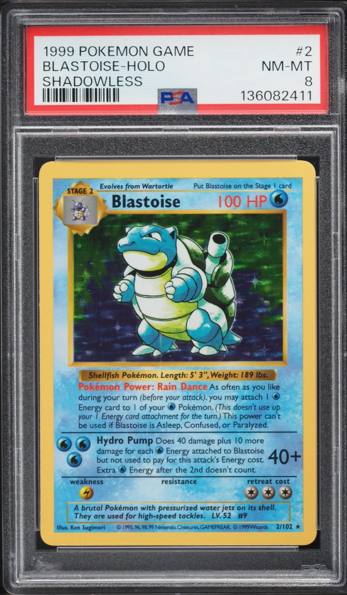 1999 Pokemon Base Set Shadowless Holo Blastoise #2 PSA 8 NM-MT
