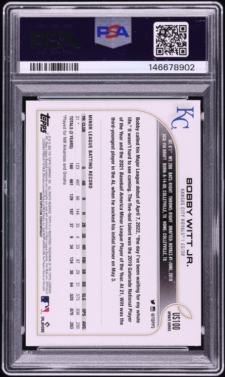 2022 Topps Update Bobby Witt Jr. ROOKIE #US100 PSA 9 MINT